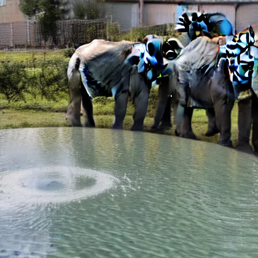 Image similar to Elephants drinking fromaswimming pool outside asuburban house