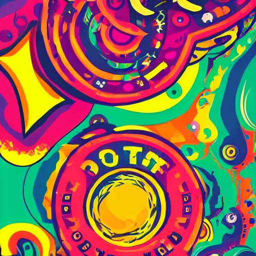 Image similar to colorful psychedelic poster, graphic design, bold lettering, layout, typography