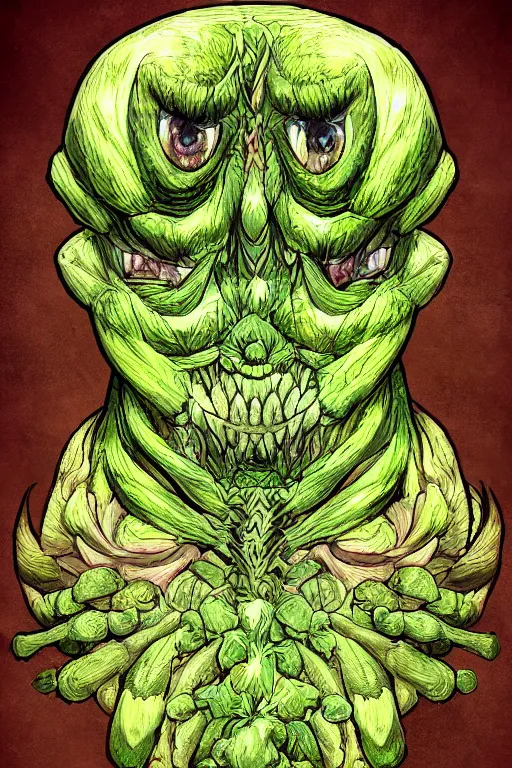 Image similar to vegetable monster anime male, symmetrical, highly detailed, digital art, sharp focus, trending on art station