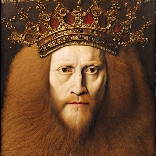 Image similar to portrait of a king with a lions head for a head, oil painting by jan van eyck, northern renaissance art, oil on canvas, wet - on - wet technique, realistic, expressive emotions, intricate textures, illusionistic detail