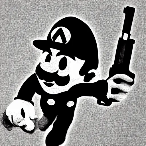 Image similar to mario in criminal style, monochrome