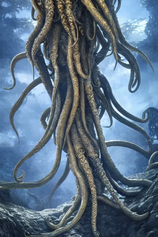 Image similar to giant ancient alien tentacles artwork by yoshitaka amano, ivory and gold, detailed vegetation background, extremely detailed, octane rendering, sharp focus, volumetric light, particles, unreal engine 5, rtx