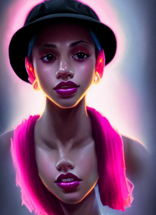 Image similar to portrait of teenage vanessa morgan with bright pink hair, black girl, vanessa morgan, curly pixie cut hair, wearing newsboy cap, newsboy cap, hoop earrings, intricate, elegant, glowing lights, highly detailed, digital painting, artstation, concept art, smooth, sharp focus, illustration, art by wlop, mars ravelo and greg rutkowski