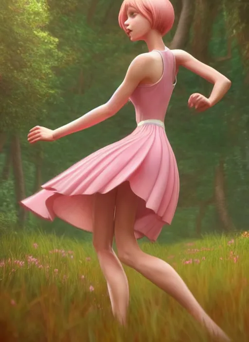 Prompt: young woman run in short pink skirt : : magic rainig forest nature : : weta disney pixar movie still photo : : decadent highly - detailed digital painting, full length shot, golden ratio, octane render, artstation, smooth, sharp focus, artgerm, mucha, loish, wlop, gogo