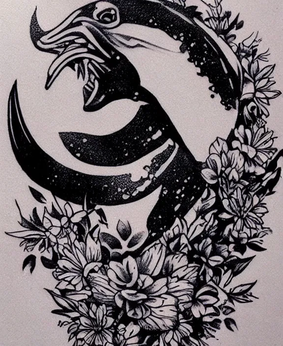 Image similar to amazing detailed tattoo stencil of a floral realistic orca