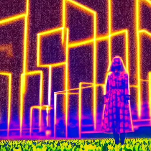 Image similar to a woman standing on steps in a field at night, a hologram by kusama, instagram, optical illusion, full body, ultra hd, neon