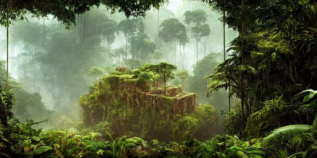 Image similar to amazon jungle, wall wood fortress, Photorealistic, plants environment, wide angle, establishing shot, cinematic lighting, atmospheric, realistic, octane render, highly detailed, color graded, matte painting in the style of craig mullins