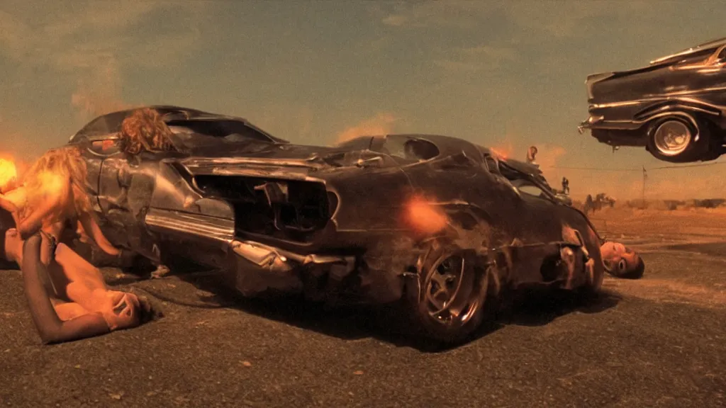 Image similar to film still from the movie death race three thousand, cult cinema, pulp cinema, vintage, nineteen seventies, saturated color, cinematic lighting, cinematic composition, ultra realistic, highly detailed, wide screen, panavision