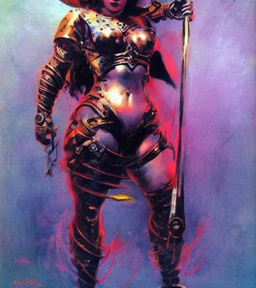 Image similar to portrait of strong iranian female chaos angel, beautiful! coherent! by frank frazetta, by brom, strong line, vivid neon color, shining metal power armor, iron helm, high contrast, maximalist