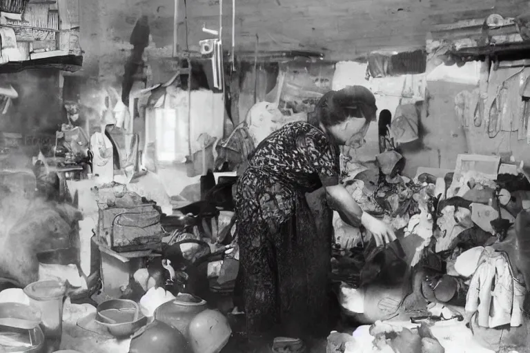 Image similar to umm kulthum in a morning gown frying an egg on a stove in her kitchen, photograph by Annie Leibovitz