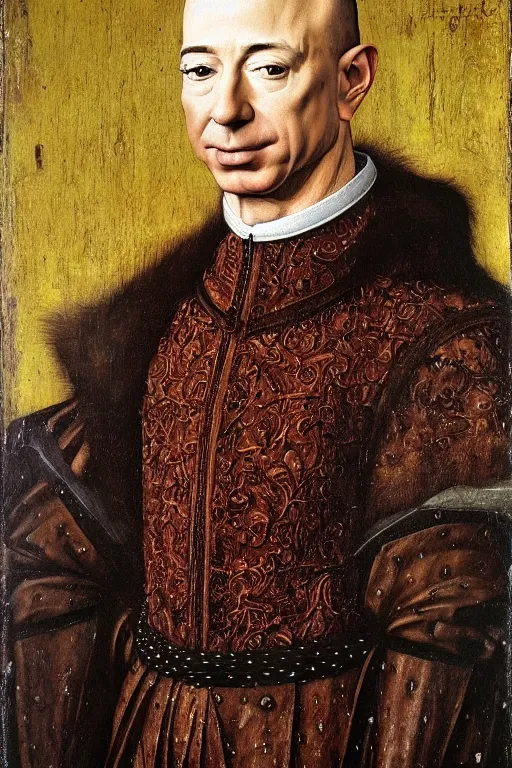 Image similar to 1 4 0 0 s renaissance portrait of jeff bezos!!! oil painting by jan van eyck, northern renaissance art, oil on canvas, wet - on - wet technique, realistic, expressive emotions, intricate textures, illusionistic detail