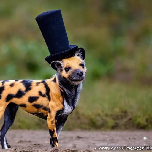 Image similar to A photo of the world's greatest showman: the african painted dog dressed in a hat!