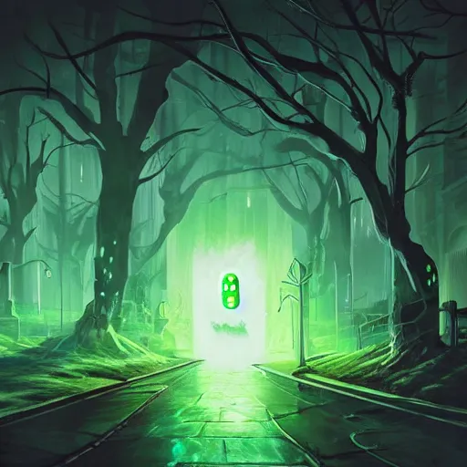 Image similar to a being of green ghostly viscous slime ooze making its way through abandoned midnight suburban streets, inevitable doom, concept art, goosebumbs novel cover, wisp lights, rhads,