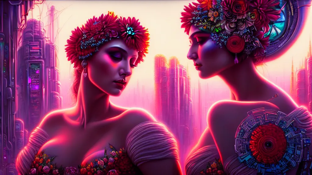 Image similar to a beautiful closeup 4K portrait painting of a flower goddess in a sensual pose, in the style dan mumford artwork, in the background a futuristic cyberpunk city is seen.