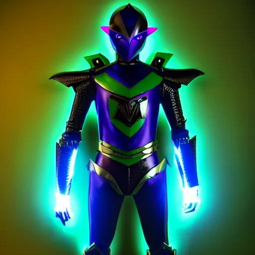 Image similar to High Fantasy Kamen Rider, glowing eyes, 4k, daytime, rubber suit, segmented armor, dark blue armor with green secondary color, tokusatsu