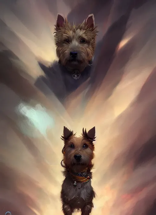 Image similar to norwich terrier in warriors clothing backround dark, highly detailed, digital illustration, trending in artstation, modern painting, smooth, sharp focus, intricate, by peter mohrbacher