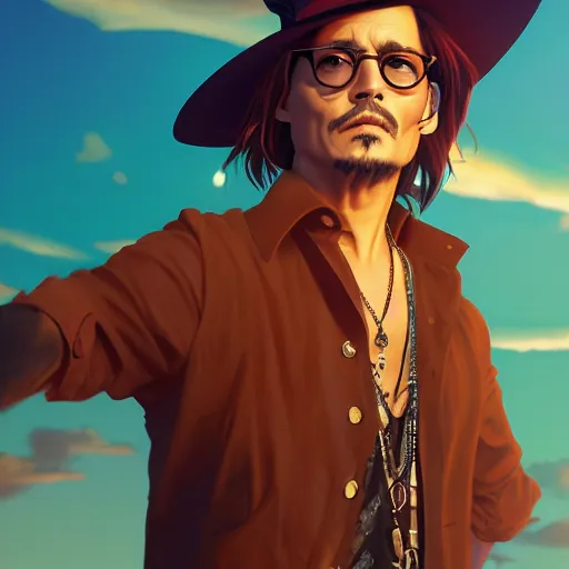 Image similar to johnny depp, sunset, behance hd by jesper ejsing, by rhads, makoto shinkai and lois van baarle, ilya kuvshinov, rossdraws radiating a glowing aura global illumination ray tracing hdr