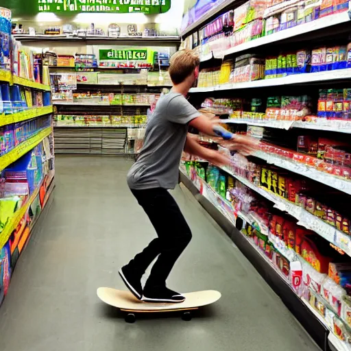 Image similar to A photograph of a guy on a skateboard grinding over the checkout aisle at a Lowe's