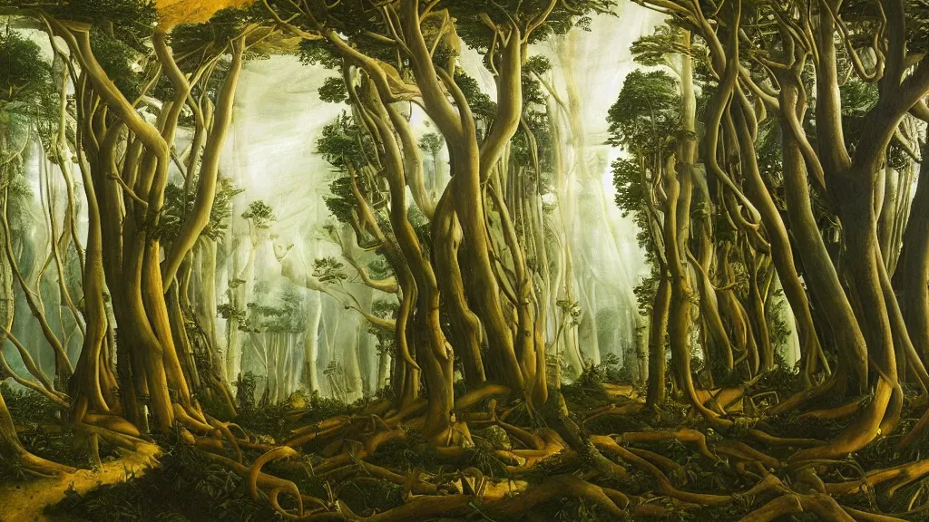 Prompt: A Sandro Botticelli oil painting of a hauntingly beautiful elven forest in the morning; rays of light coming through the canopy; trending on artstation; extraordinary masterpiece!!!!!!; 8k