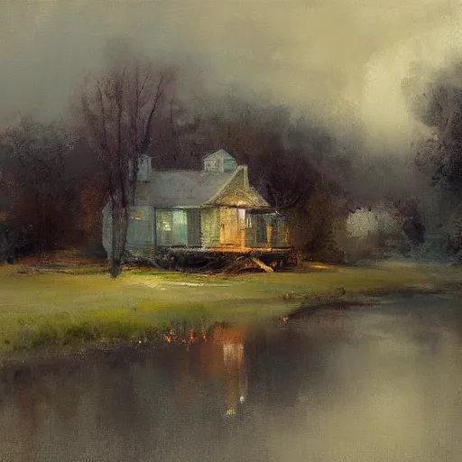 Prompt: a house by the lake painted by jeremy mann