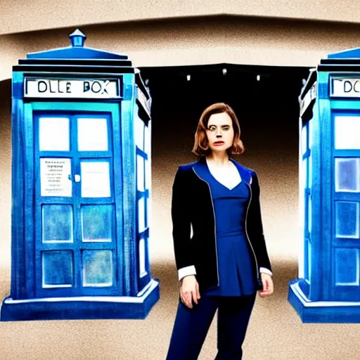 Prompt: a beautiful full body photograph of hayley atwell dressed as ( ( doctor who ) ) standing in front of the tardis, symmetrical face, extreme realism and detail, 8 k, completely framed, direct lighting, 3 5 mm photo, photorealistic, sharp focus