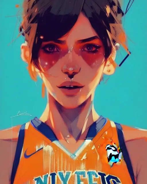 Prompt: a ultradetailed beautiful panting of a stylish girl in a knicks jersey, by conrad roset, greg rutkowski and makoto shinkai, trending on artstation
