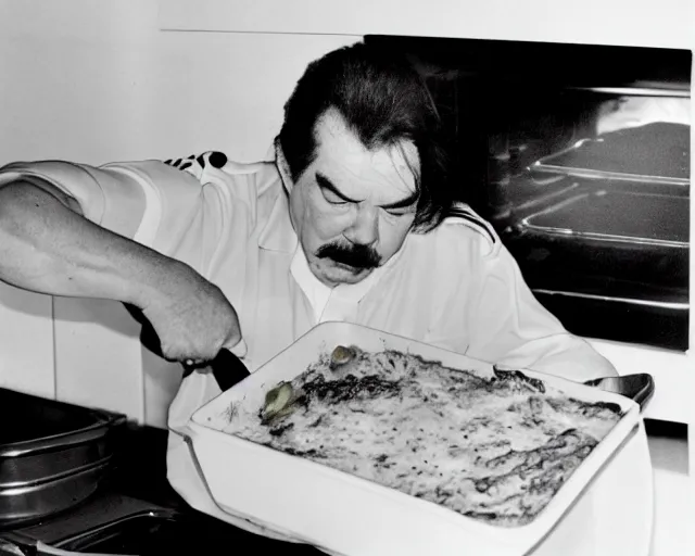 Image similar to candid photo of captain beefheart removing a lasagne from the oven