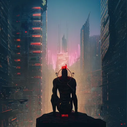 Image similar to a cyberpunk zulu warrior sitting on a cliff watching an enormous metropolitan city burn!! from a distance at night, fire, by alena aenami and android jones and greg rutkowski, Trending on artstation, hyperrealism, elegant, stylized, highly detailed digital art, 8k resolution, hd, global illumination, radiant light, detailed and intricate cyberpunk ghetto environment, rendered in octane, post processed, wide angle, dynamic portrait