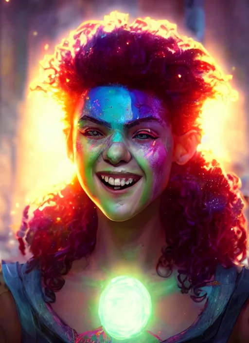 Image similar to an epic fantasy comic book style portrait painting of a girl wearing colorful makeup with a smile and curly brown hair stepping out of a doorway with light shining behind her, unreal 5, daz, hyperrealistic, octane render, cosplay, rpg portrait, dynamic lighting