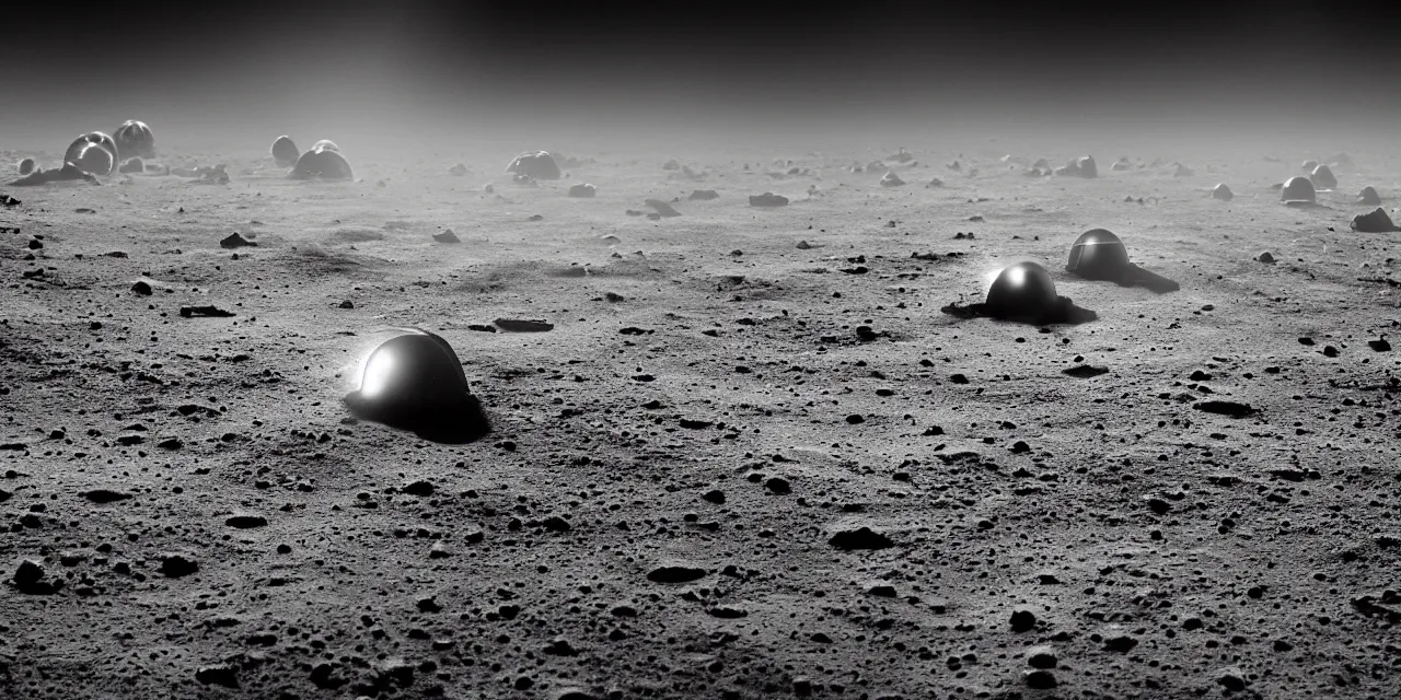 Prompt: closeup black and white photo from the surface of the moon, cinematic film still, glowing landing lights on spaceship landing on, stars and space in the background, fog and dust