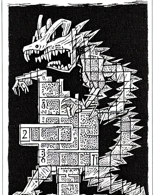 Image similar to the pokemon missingno as a d & d monster, pen - and - ink illustration, etching, by russ nicholson, david a trampier, larry elmore, 1 9 8 1, hq scan, intricate details, high contrast