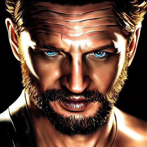 Image similar to Tom Hardy as wolverine in Black Damaged leather suit Digital art 4K quality Photorealism