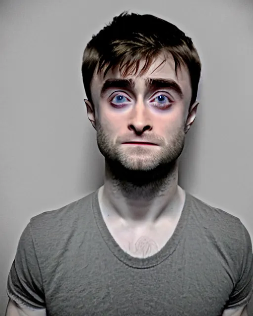 Image similar to prison mugshot of daniel radcliffe with protruding bulging eyes, bright flash, guinness book of world records, low saturation, crazy facial expression, rugged textured face, soft vignette, soft focus, 5 0 mm, 4 k, nypd
