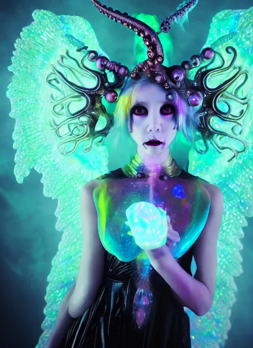 Prompt: A full shot of a cute magical monster girl wearing a dress made of opals and tentacles. Creepy Pasta. F1.4. Symmetrical. Dark Smoke and VFX. Caustics refraction. Prism light. Demon Horns, Angel Wings. defined facial features, symmetrical facial features. Rainbows. Soft Lighting. beautiful lighting. By Giger and Ruan Jia and Artgerm and Range Murata and WLOP and William-Adolphe Bouguereau and Loish. Pipe Like shapes. Bones. Lisa Frank Inspired. trending on artstation, featured on pixiv, award winning, sharp, details, intricate details, realistic, Hyper-detailed, HD, HDR, 4K, 8K.