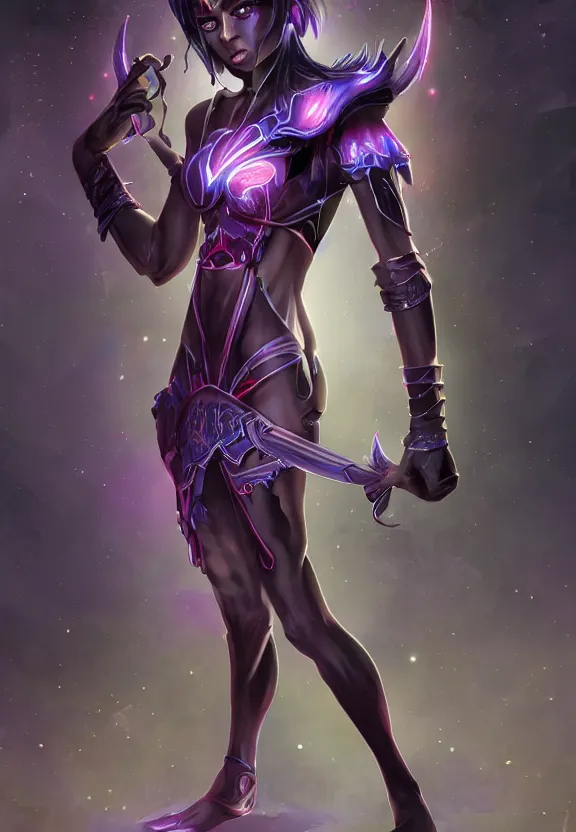 Image similar to dark elf girl colorful concept design art, symmetrical, short dress, glowing eyes, detailed body, full body, detailed face, ultradetailed digital illustration, 8 k, epic atmosphere, digital art by simon cowell and moebius