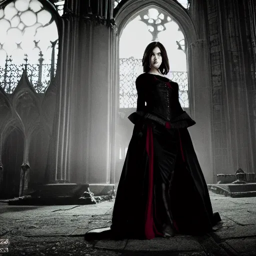 Image similar to mary elizabeth winstead as a vampire about to attack in a gloomy gothic cathedral at night