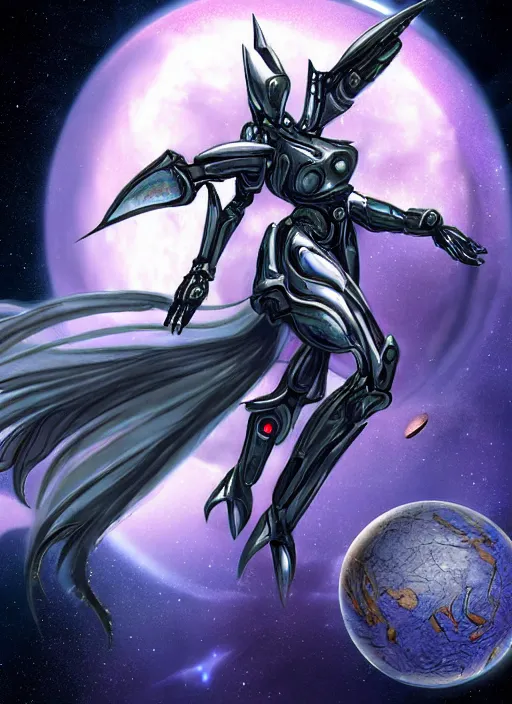 Image similar to goddess shot, galactic sized stunning beautiful anthropomorphic robot mecha female dragon, in space, larger than planets, posing elegantly, holding earth in sharp claws, detailed silver armor, epic proportions, epic scale, ultra detailed digital art, furry art, macro art, dragon art, giantess art, warframe fanart, furaffinity, deviantart, realistic