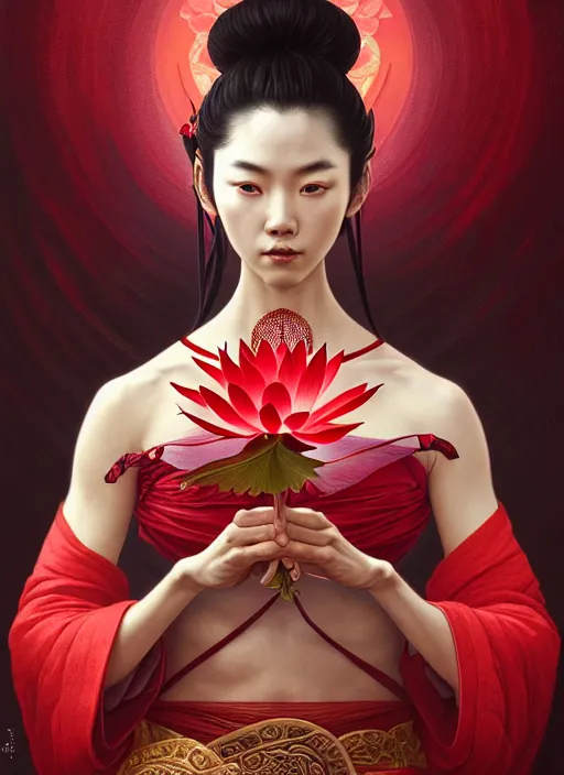 Image similar to ultra realistic illustration, portrait of a wrathful red samurai warrior woman holding a lotus flower, intricate, elegant, highly detailed, lotus flower, digital painting, artstation, concept art, smooth, sharp focus, illustration, art by artgerm and greg rutkowski and alphonse mucha and wlop