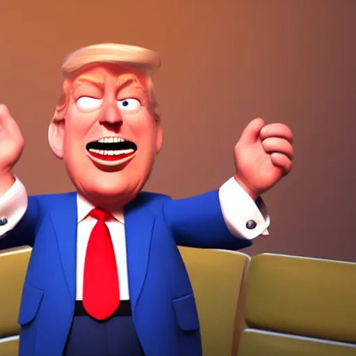 Image similar to happy, render of fun donald trump cartoony character, from the new pixar movie, dynamic lighting, cgsociety