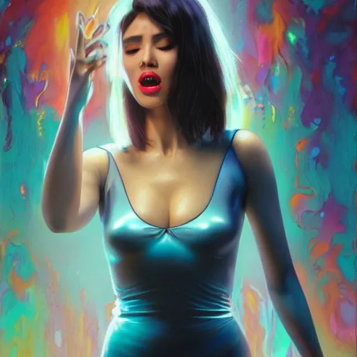 Image similar to screaming hologram woman with cute - fine - face, pretty face, oil slick hair, realistic shaded perfect face, extremely fine details, by realistic shaded lighting, dynamic background, poster by ilya kuvshinov katsuhiro otomo, magali villeneuve, artgerm, jeremy lipkin and michael garmash and rob rey, pascal blanche, kan liu