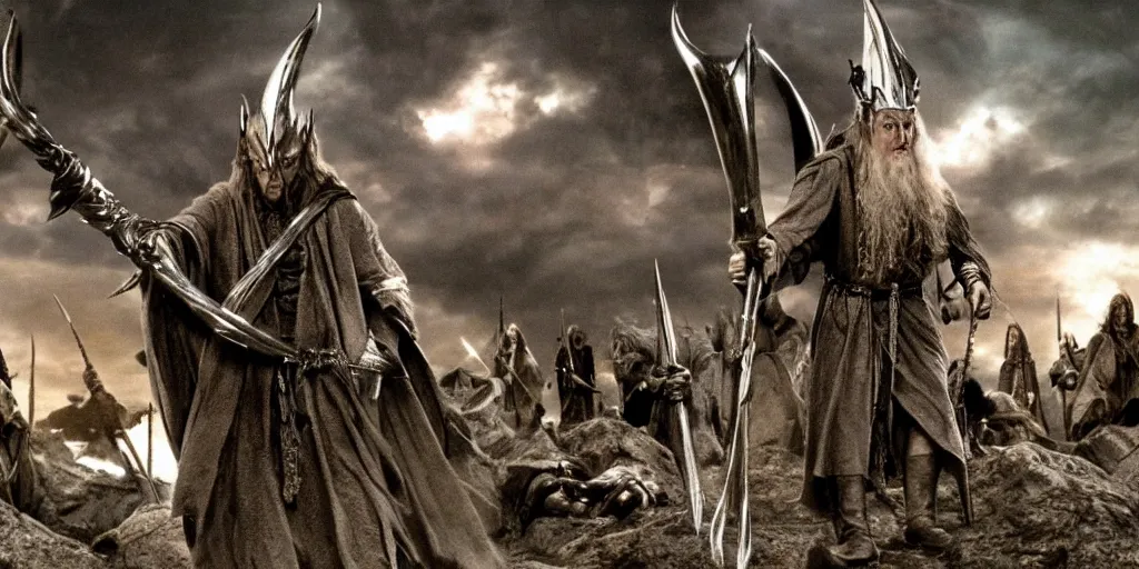 Image similar to movie still from the lord of the rings, directed by ridley scott in the style of h. r. giger, gandalf wearing a tall steel crown, resting against a twisted metal staff, dark, cinematic, cinemascope, highly detailed