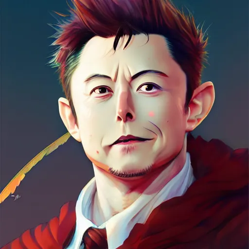 Image similar to anime portrait of elon musk the hobbit as an anime troll by Stanley Artgerm Lau, WLOP, Rossdraws, James Jean, Andrei Riabovitchev, Marc Simonetti, and Sakimichan, trending on artstation