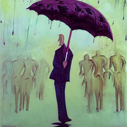 Prompt: a man holding an umbrella, a man holding an umbrella, a man holding an umbrella, a man holding an unmbrella, epic floral composition of deadly silence, intense emotion, powerful painting, gritty feeling, imagining a blissful fate, hope, anger, rage, willing, deconstructed, chaotic, expressive, neo-expressionism, by Francis Bacon, by Beksinski, by Abbas Kiarostami, by Kurosawa, by Hokusai, war photography, colorful, dreams, photojournalism