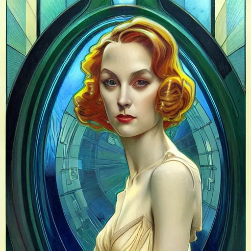 Image similar to a streamline moderne painting in the style of donato giancola, and in the style of charlie bowater, and in the style of alphonse mucha. symmetry, smooth, sharp focus, semi - realism, intricate detail.