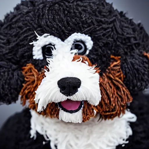 Image similar to a closeup photorealistic photograph of a cute smiling knitted bernedoodle judge dog dressed in a black gown, presiding over the courthouse. indoors, professional capture, well lit shot. this 4 k hd image is trending on artstation, featured on behance, well - rendered, extra crisp, features intricate detail, epic composition and the style of unreal engine.