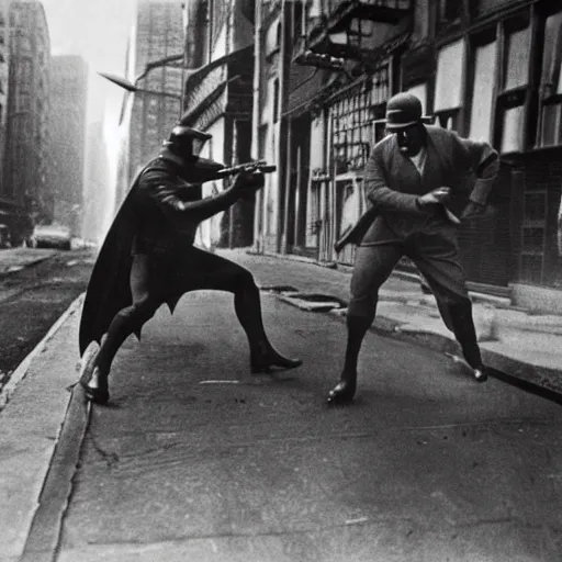 Image similar to old black and white photo, 1 9 2 5, depicting batman fighting a al capone in an ally of new york city, rule of thirds, historical record