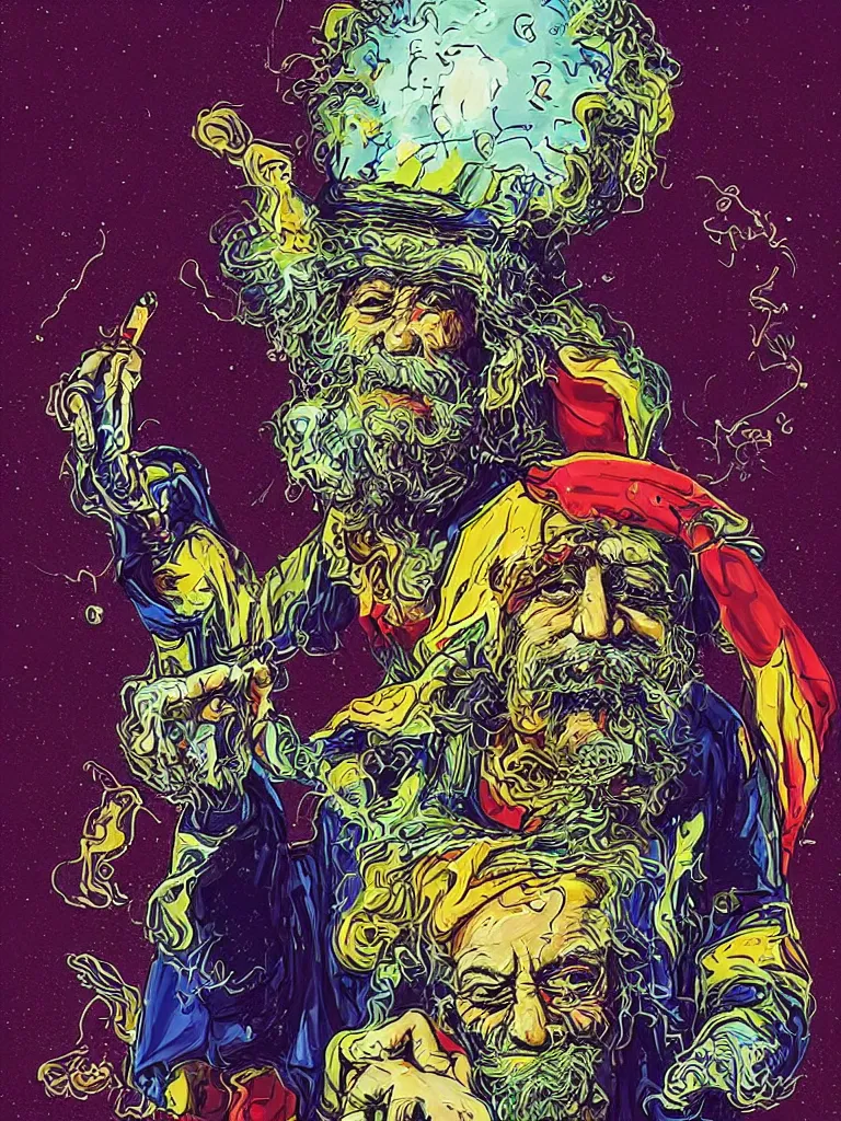 Prompt: Medium shot of a typical character in the style of YES! Roundabout starts playing as a blazing hot comet hits earth, Realistic, HDR, HDD, Real Event, Caught by James Webb Telescope 420 High Times Magazine King Tommy Chong wears a doublet whilst wearing a red velvet cape and OG Kush Indica cannabis helmet alexandre benois edward julius detmold jehan choo jeff simpson raphael lacoste guillem h. pongiluppi grisaille