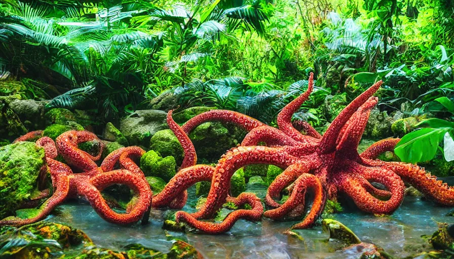 Image similar to a rainy foggy jungle, river with low hanging plants, there is a giant coral colored octopus in the water, great photography, ambient light