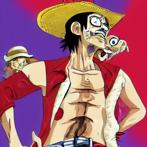 Prompt: Nicholas cage as monkey d luffy, full body portrait, color, high octane