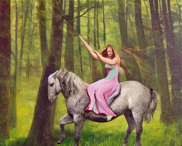 Image similar to woman riding a unicorn in enchanted forest, tiktok painting by annie liebovitz